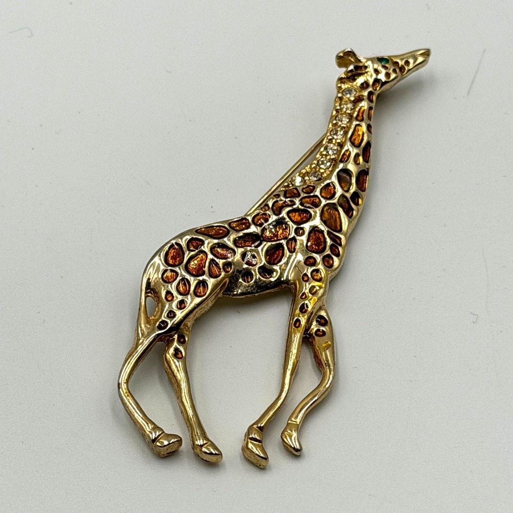 Vintage Gold Tone Enamel Giraffe Brooch Pin with Rhinestones and Green Eye
